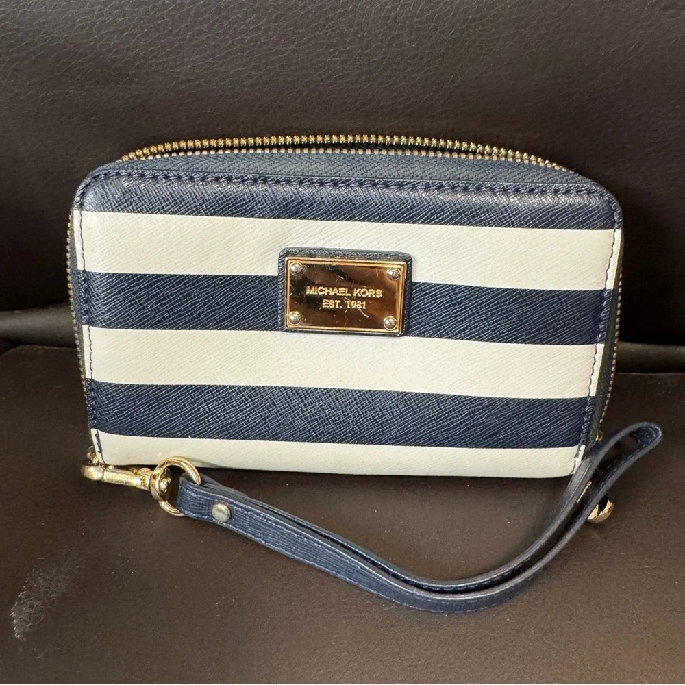 Michael Kors Blue/White Leather Striped Zip Around Wallet